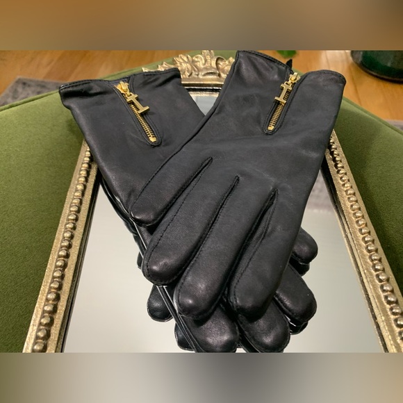 Elegant Leather Driving Gloves Black Gold Tone Zipper Detail S/M Isaac Mizrahi - Picture 14 of 15